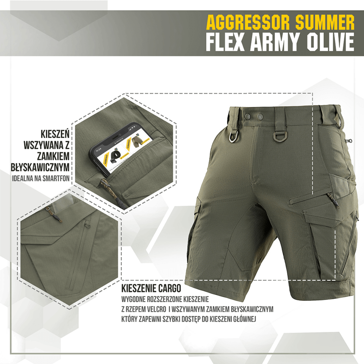 M-Tac Aggressor Summer Flex Shorts i oliven med flere lommer og justerbar talje, fremhævet for taktik og udendørs aktiviteter.