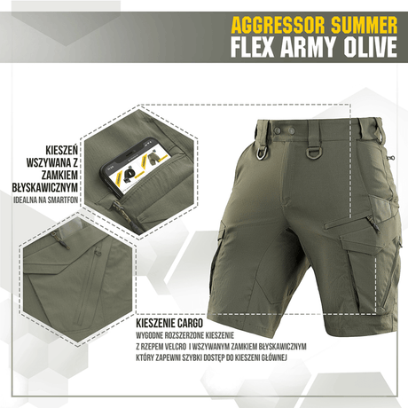 M-Tac Aggressor Summer Flex Shorts i oliven med flere lommer og justerbar talje, fremhævet for taktik og udendørs aktiviteter.