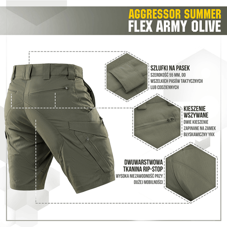 M-Tac Aggressor Summer Flex Shorts i olivenfarve med funktionelle lommer, ideel til udendørs aktiviteter. Taktiske letvægts shorts.