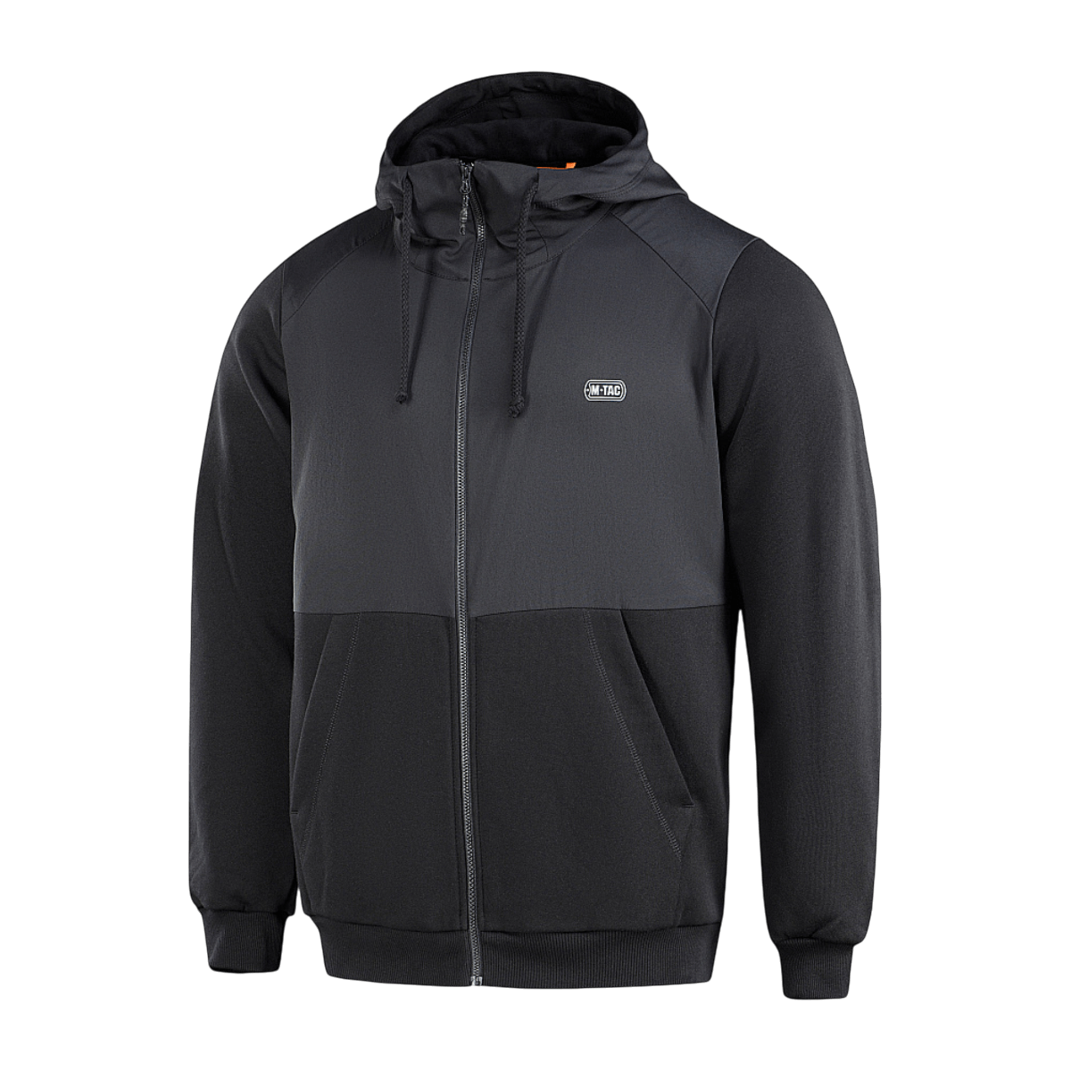 M-Tac Pilgrim Bomberjakke i sort med hætte, to lommer og ribbede manchetter. Ideel til hverdag og sport, lavet af holdbart materiale.