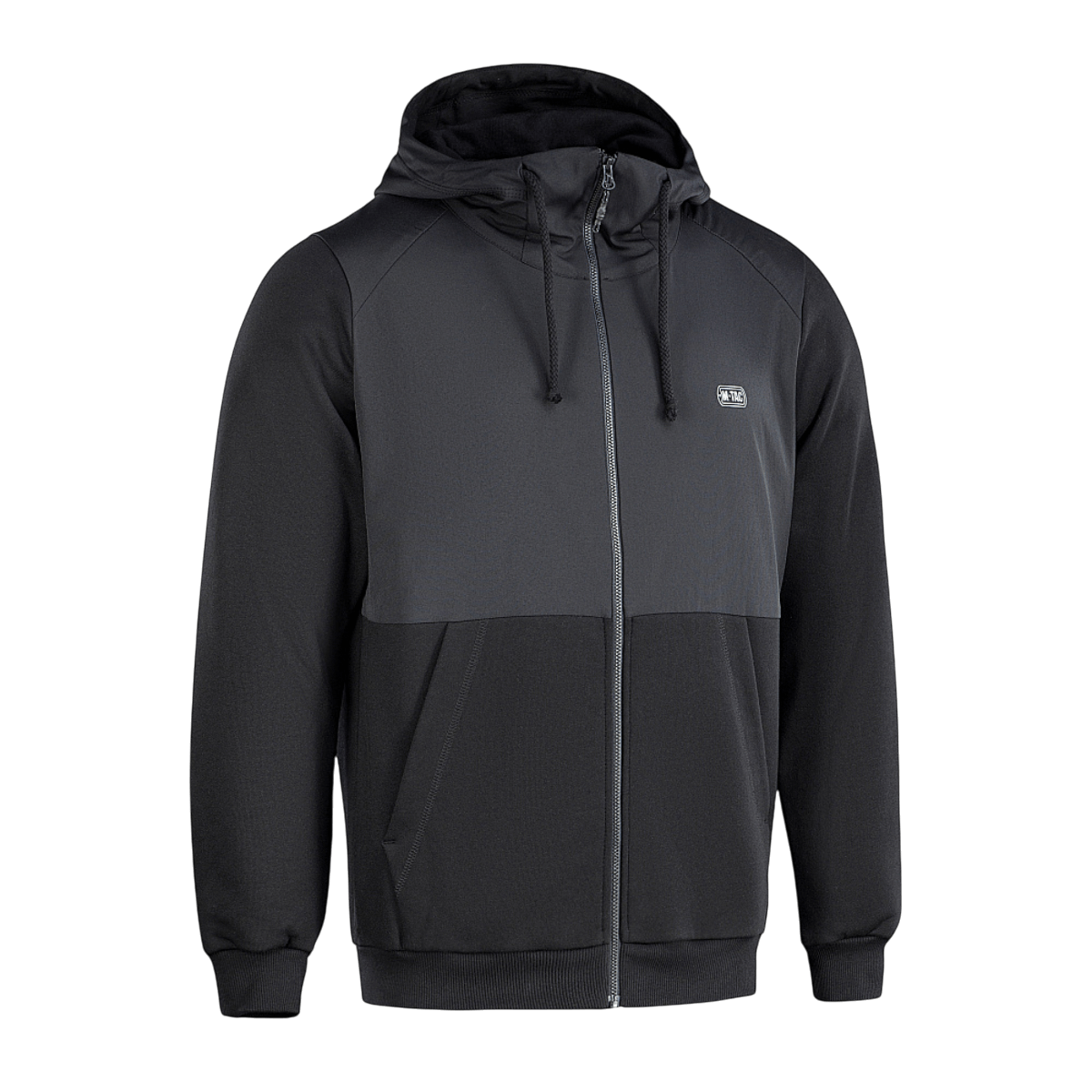 M-Tac Pilgrim Bomberjakke med hætte i sort og grå, komfortabel og funktionel til hverdagsbrug og sport, med lynlås og ribbede manchetter.