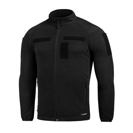 M-Tac Combat Fleece Polartec Jakke i sort med YKK lynlåse og velcro-paneler, ideel til taktisk brug.
