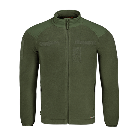 M-Tac Combat Fleece Polartec Jakke i olivengrøn med YKK lynlåse, elastiske manchetter og to sidelommer, ideel til taktisk og casual brug.