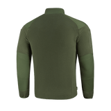 Bagsiden af M-Tac Combat Fleece Polartec Jakke i olivengrøn, fremstillet med Polartec® fleece og vindafvisende indsatser.