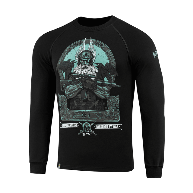 M-Tac Raglan Odin Mystery med Odin motiv i sort og blå, perfekt til casual taktisk stil, 95% bomuld, 5% elastan.