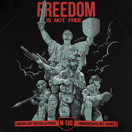 M-Tac Raglan Freedom med soldater foran Moderlandet, symbol på styrke og mod. "FREEDOM IS NOT FREE". Perfekt til dagligt brug.