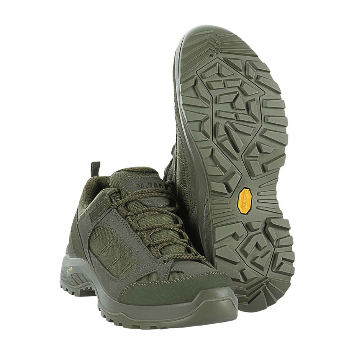 M-Tac Sneakers Tactical Demi-Season Pro Line i oliven farve med Vibram-sål, designet til taktiske aktiviteter og udendørs eventyr.