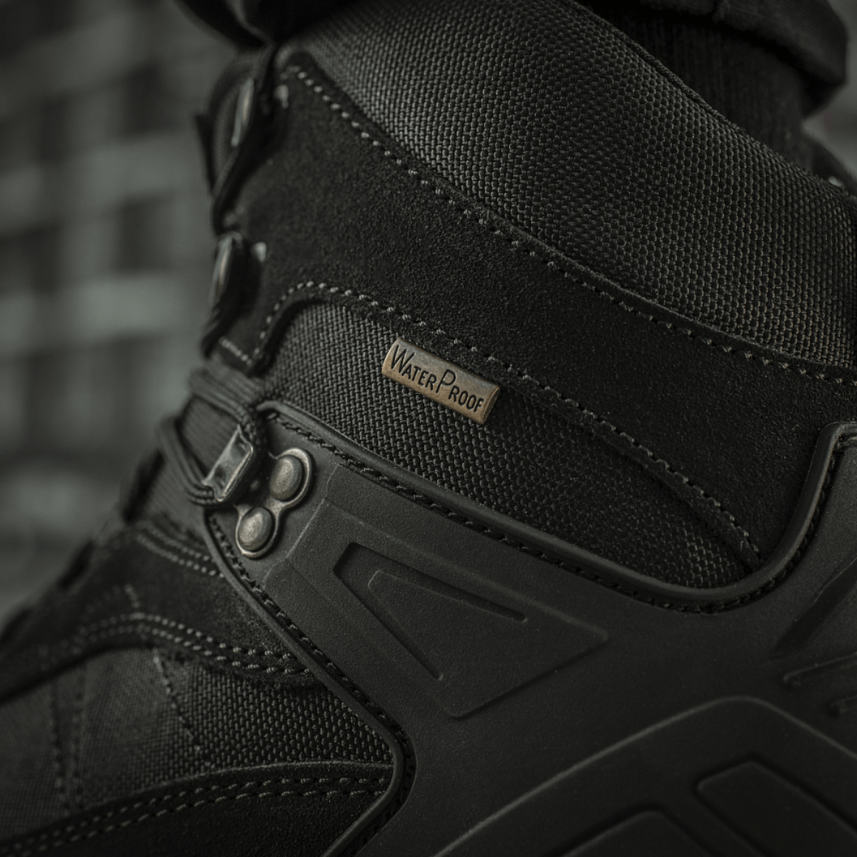 M-Tac Taktiske Demi-Season Støvler Pro Line i close-up, viser detaljer med slidstærkt suede og Cordura-materiale, perfekt til taktiske opgaver.