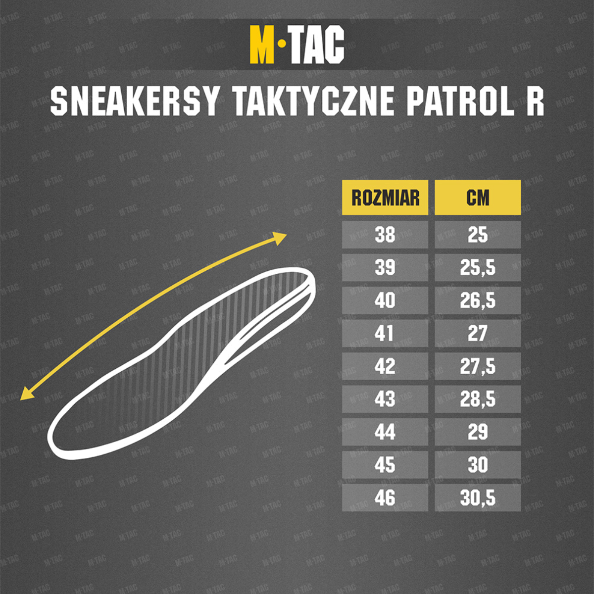 Størrelsesdiagram for M-Tac Tactical Sneakers Patrol R Vent, der viser EU skostørrelser og tilsvarende dimensioner i centimeter.