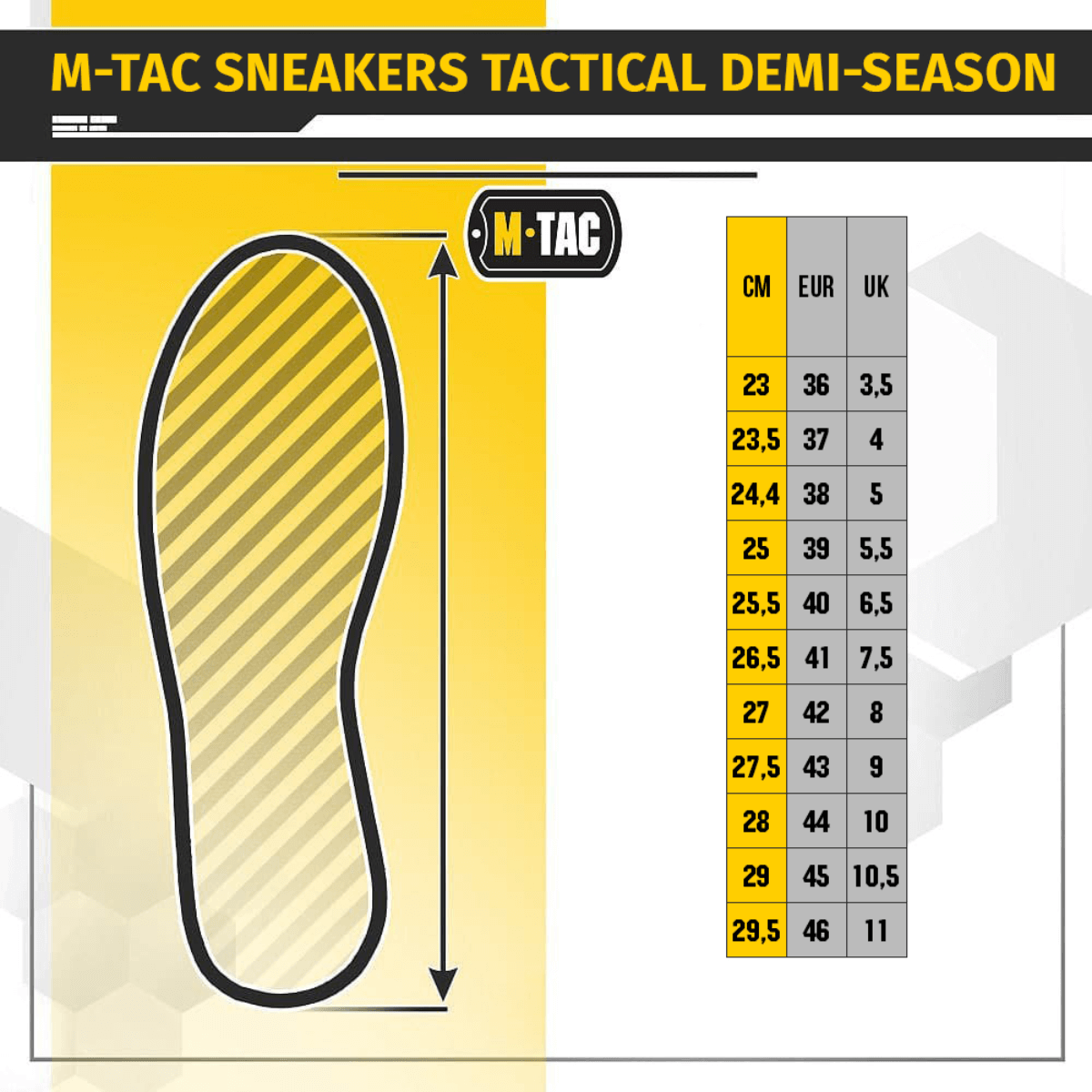 Størrelse guide for Tactical Sneakers Demi-Season – Let og komfortabel med skostørrelser i CM, EUR og UK. M-Tac mærkelogo med illustration af sko