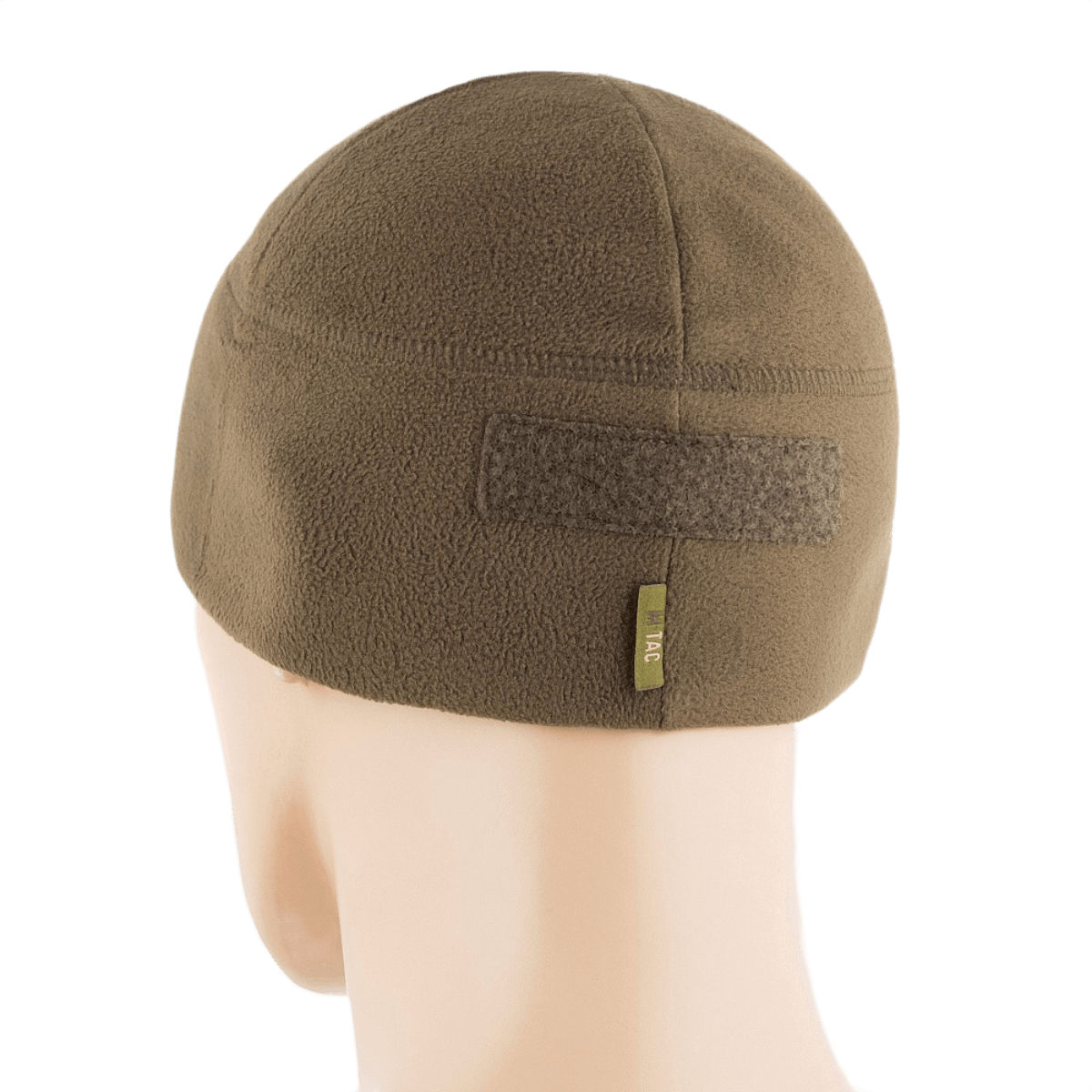 M-Tac Fleece Tactical Watch Cap Beanie m. Patch Panel i brun, set bagfra, fremhæver fleecekonstruktionen og patch-panel til tilpasning.