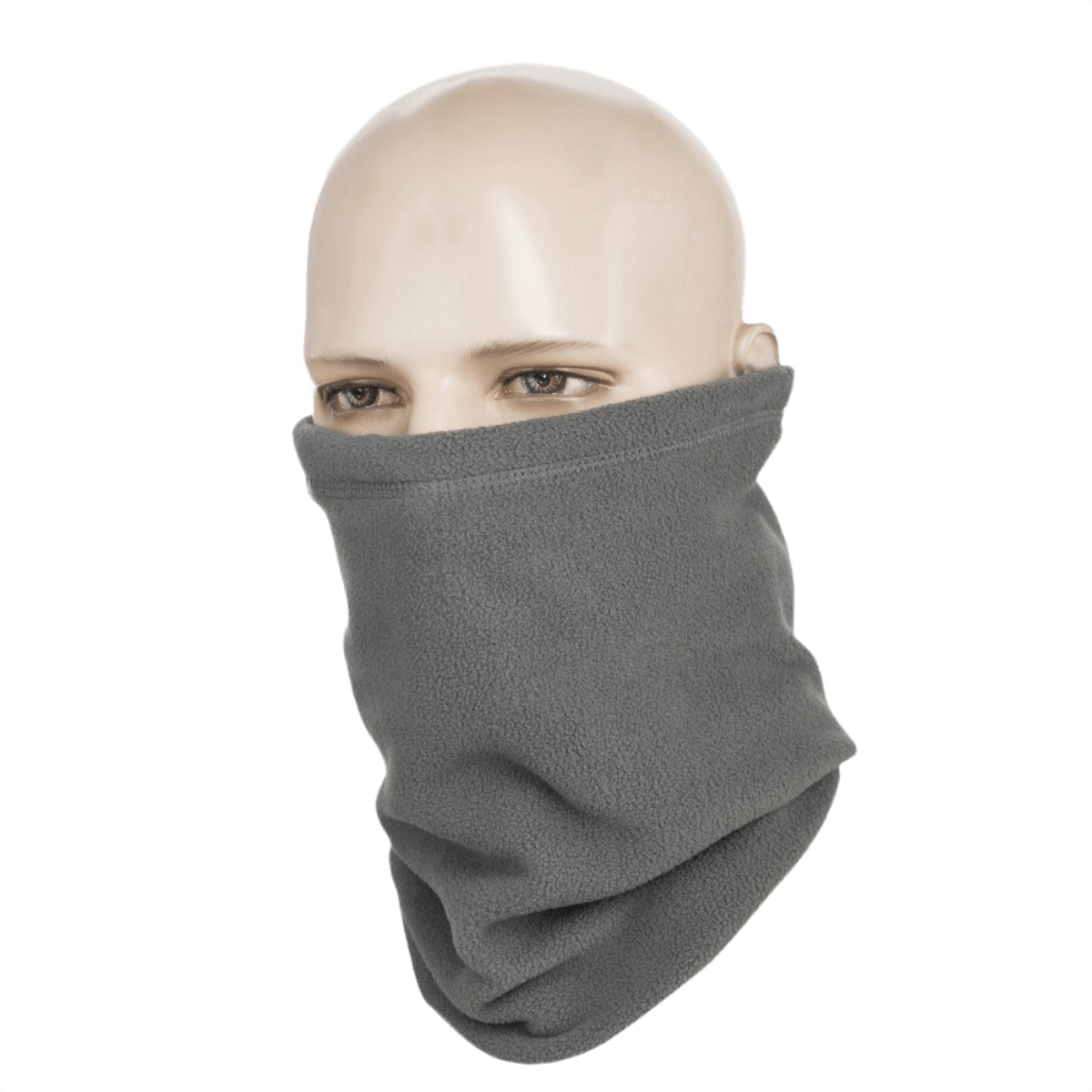 M-Tac Fleece Neck Gaiter med Snor, grå halsedisse på mannequin, alsidigt koldt vejr tilbehør i fleece, justerbar med snor, 47 x 25 cm.