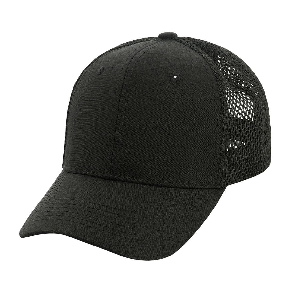 M-Tac Mesh Flex Ripstop Baseball Cap i sort med mesh-paneler for ventilation og justerbar Velcro-strop, ideel til udendørs brug.