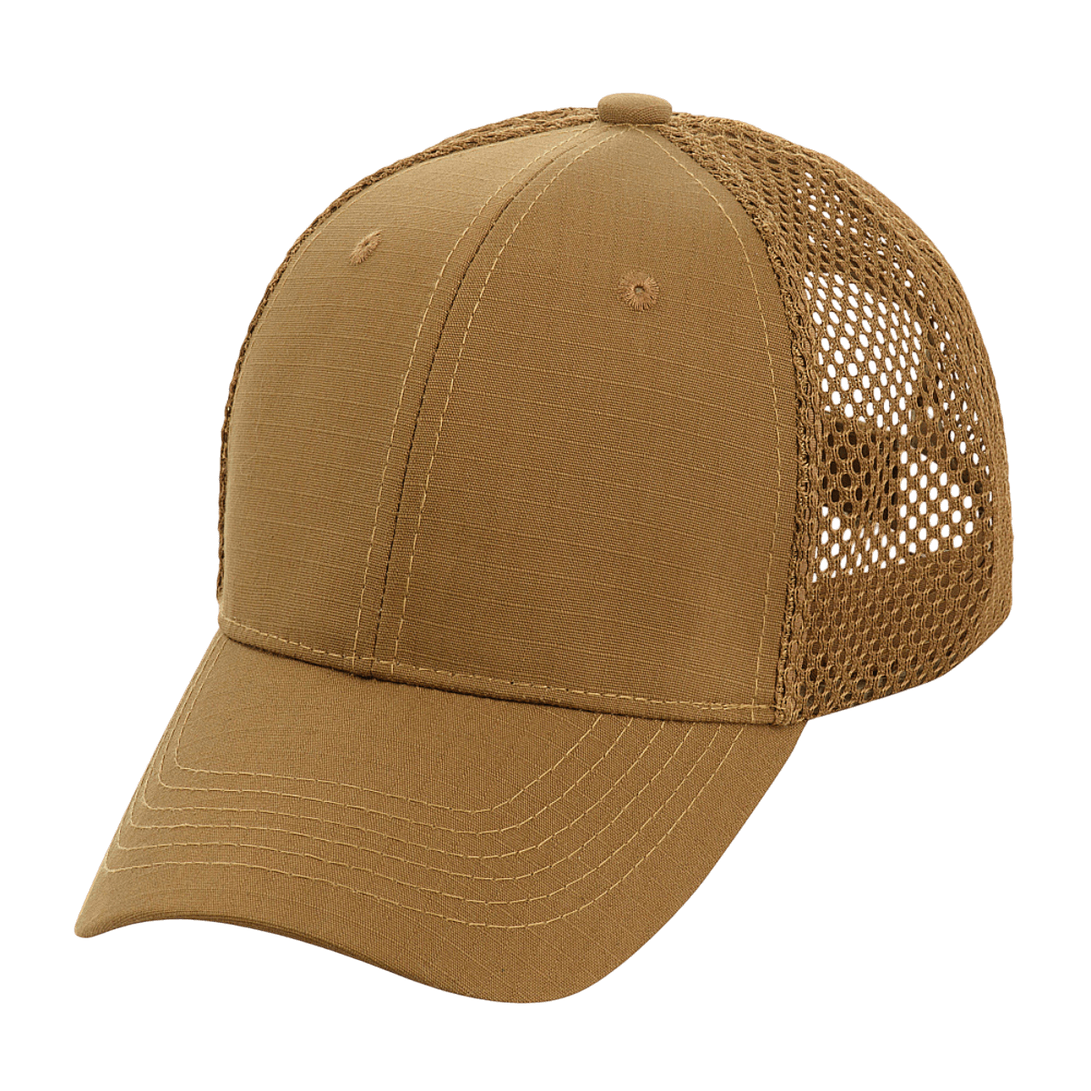 M-Tac Mesh Flex Ripstop Baseball Cap i brun farve, let og åndbar med Ripstop front og mesh-paneler, perfekt til udendørs brug.