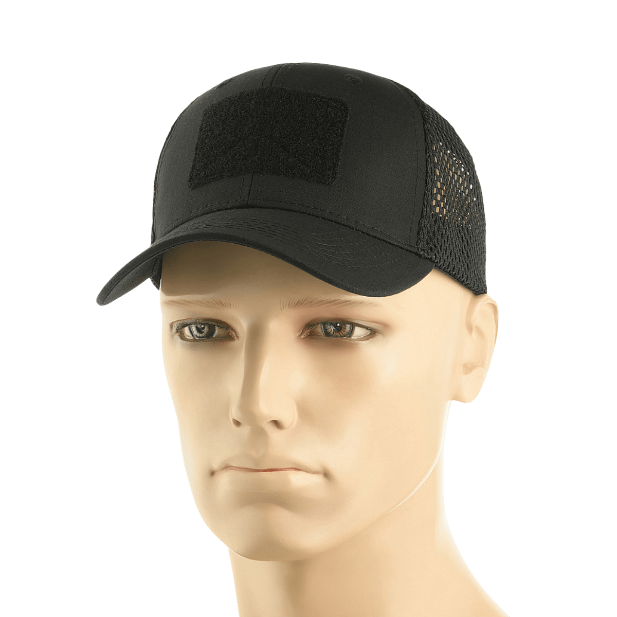 M-Tac Mesh Flex Ripstop Baseball Cap med Velcro på mannequin, sort med mesh-paneler, perfekt til sommer og taktisk brug, justerbar størrelse.