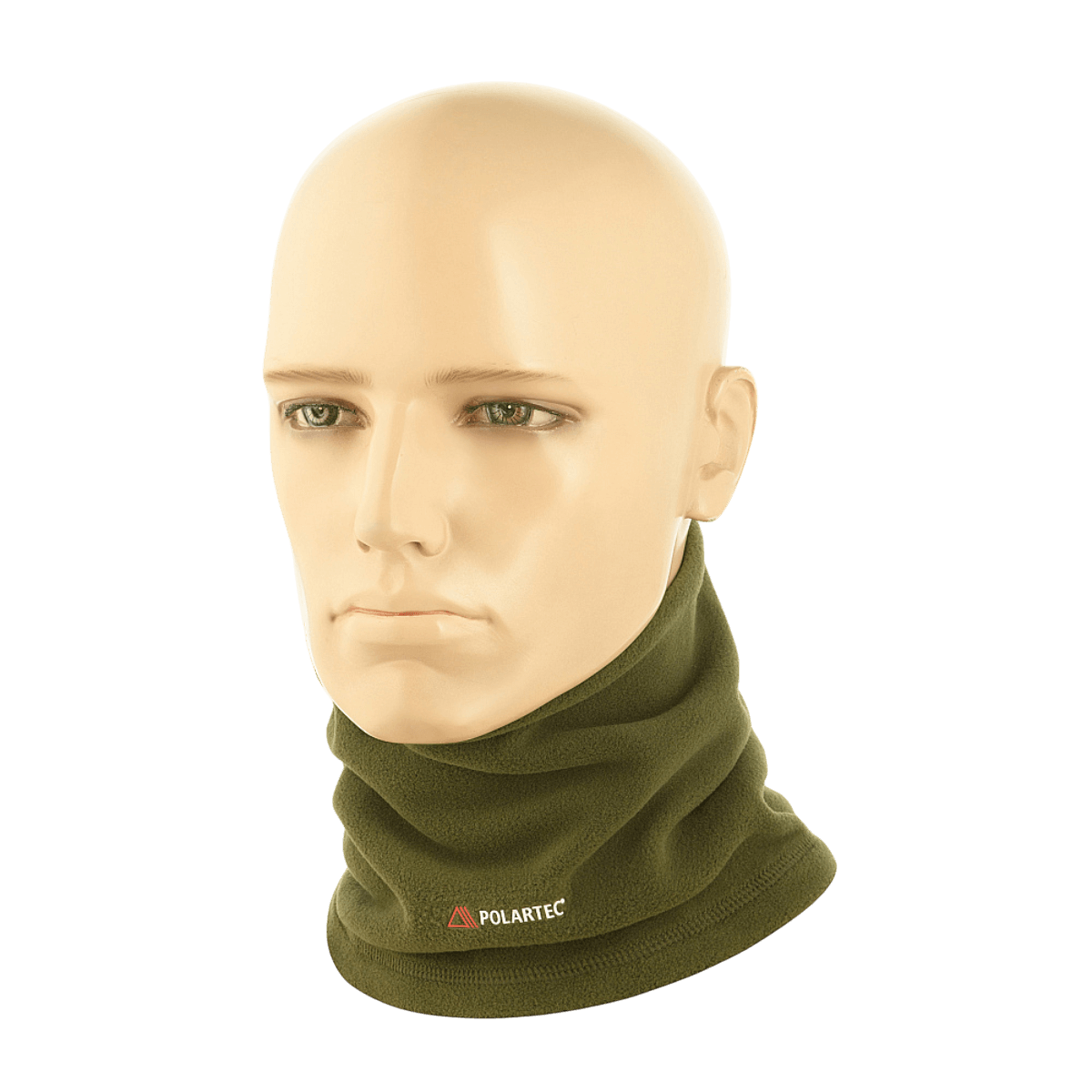 M-Tac Polartec Lang Tubehalstørklæde i oliven, bæres som halsrør på en mannequin, ideel til koldt vejr og udendørs aktiviteter.
