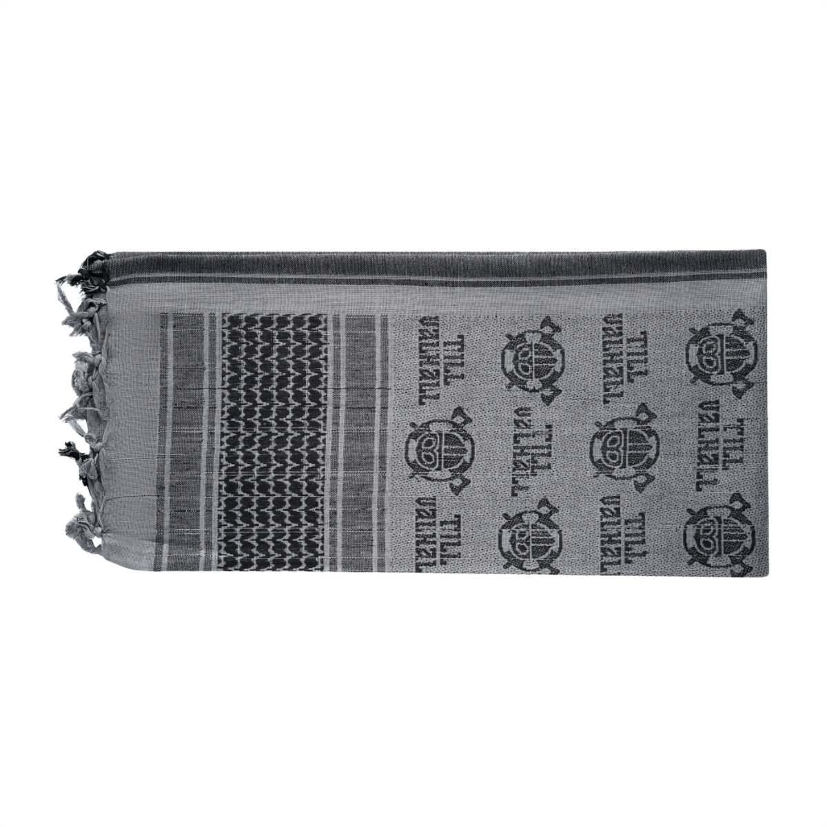 M-Tac Shemagh Tørklæde Til Valhall i gråtoner, taktisk tørklæde, 100% bomuld, beskytter mod sol, sand og vind, inspireret af norske mottoer