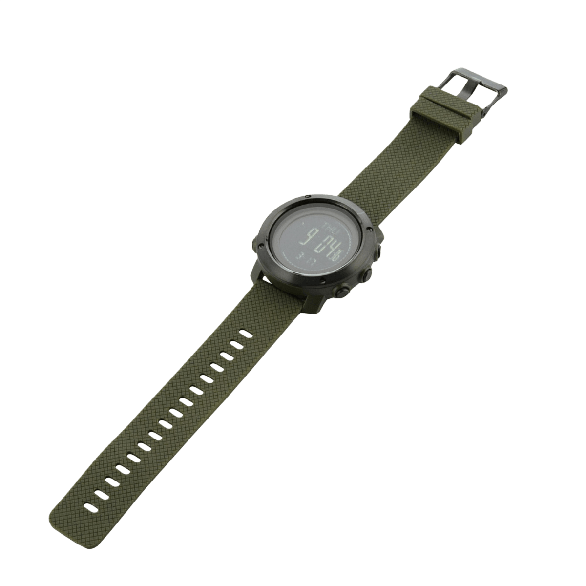 M‑Tac Multifunktionelt Taktisk Ur med grøn rem og avancerede funktioner som altimeter og barometer, ideelt til friluftsliv.