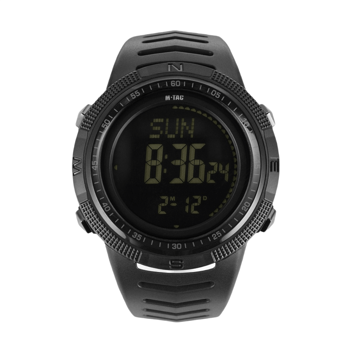 M-Tac Tactical Ur 2147 med kompas, LED-baggrundsbelysning, stopur og alarm. Robuste ABS-plastik kasse, vandtæt til 5ATM.