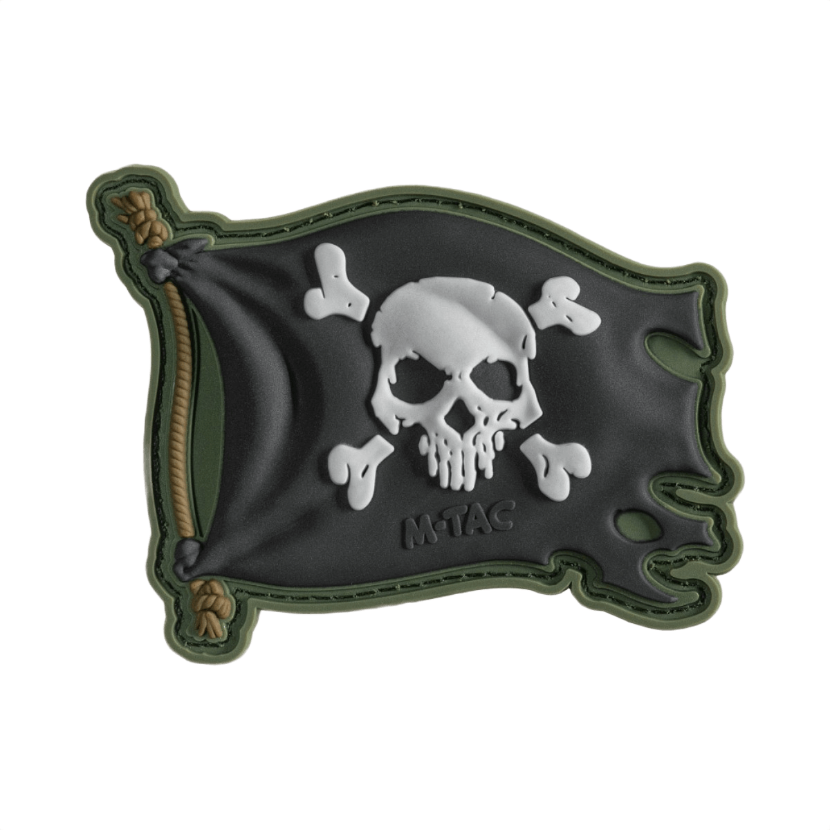 M-Tac Patch Jolly Roger PVC i 3D-design, symboliserer eventyrlyst og beslutsomhed, med velcro bagside til nem fastgørelse, 8 x 5 cm.