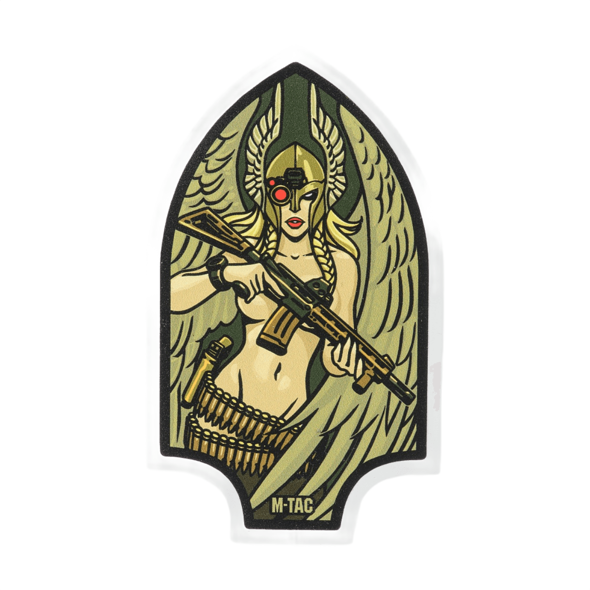 M-Tac Sticker Valkyrie viser en Valkyrie med hjelm og M4 gevær på Arrowhead patch baggrund, inspireret af mytologi og specialstyrker.