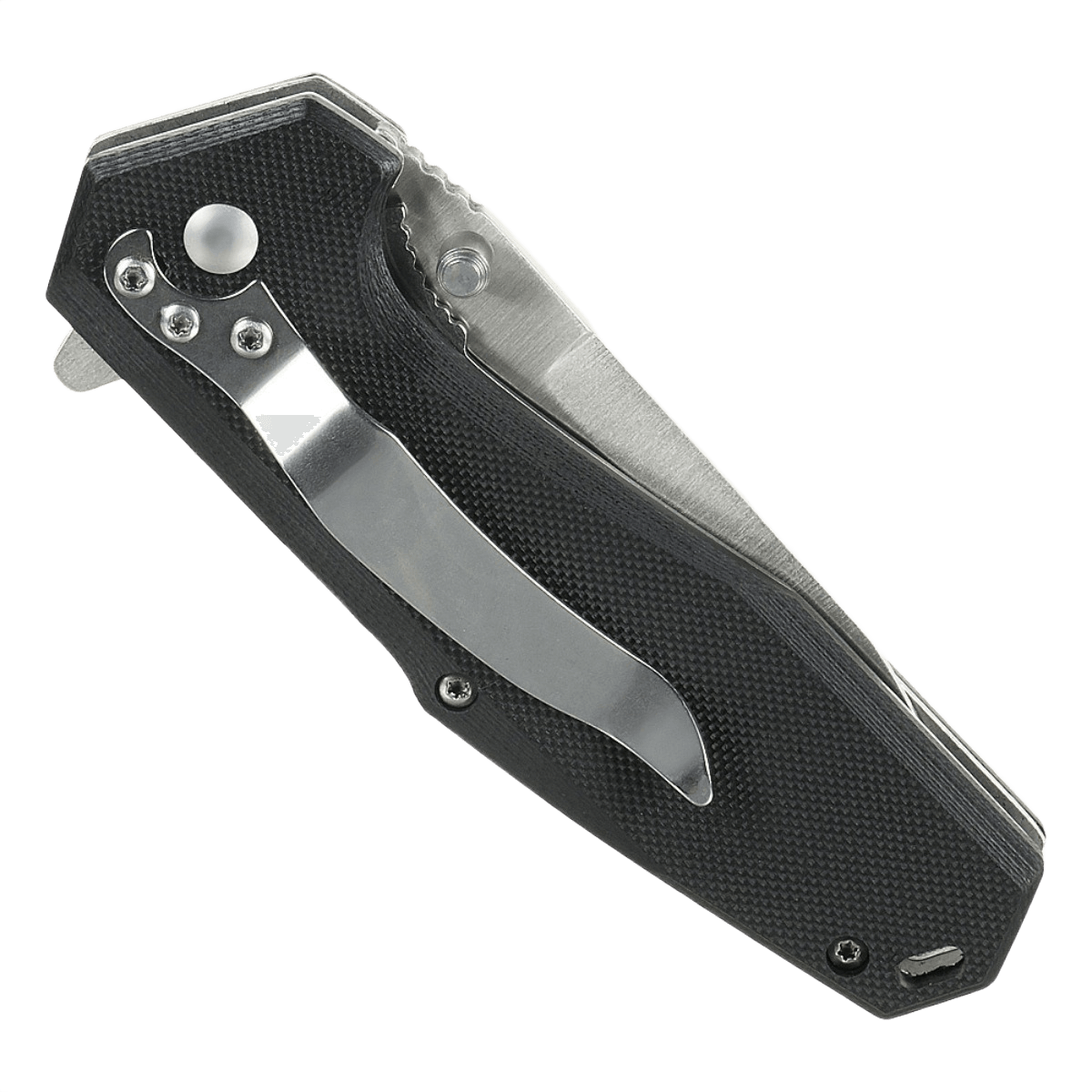 M-Tac Outdoor & Militær foldekniv - Type 5 med sort aluminiumshåndtag og skæfteskrue i rustfrit stål, lukket tilstand.