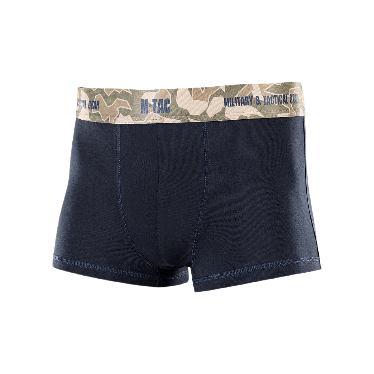 M-Tac Herre Boxer 93/7 i navy farve med kamuflagebælte, designet til komfort og holdbarhed med anatomisk pasform, velegnet til daglig livsstil.