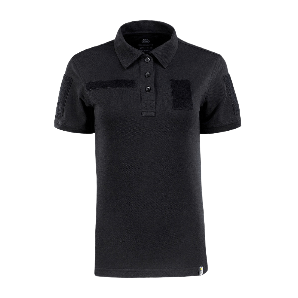 M-Tac Tactical Polo-Shirt 65/35 Lady i sort med Velcro på ærmer, bryst og ryg til fastgørelse af mærker, lavet af bomuld-polyester.