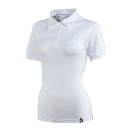 M-Tac Tactical Polo-Shirt 65/35 Lady i hvidt, designet til kvinder med komfortabel bomulds-polyester og velcro til mærker.