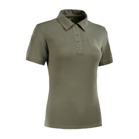 M-Tac Tactical Polo-Shirt 65/35 Lady i grønt med velcro og praktisk loop, designet til kvindelig pasform og komfort under aktiv brug.