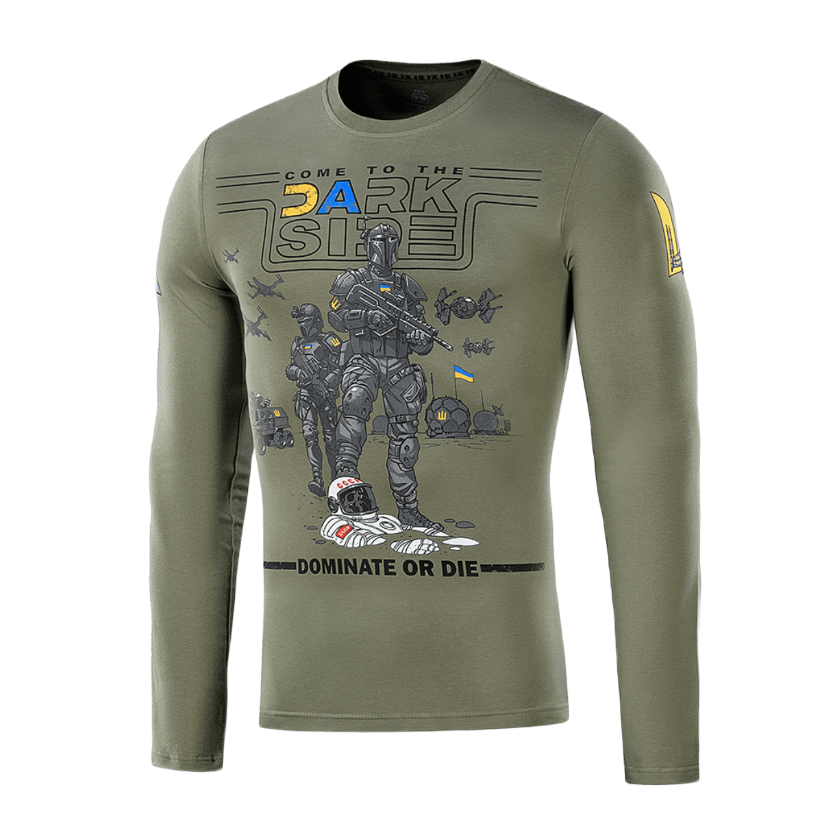 M-Tac T-Shirt UA Side Langærmet med militær motiv og "Dominate or Die" tekst, komfortabel bomuldsblanding, olivengrøn farve