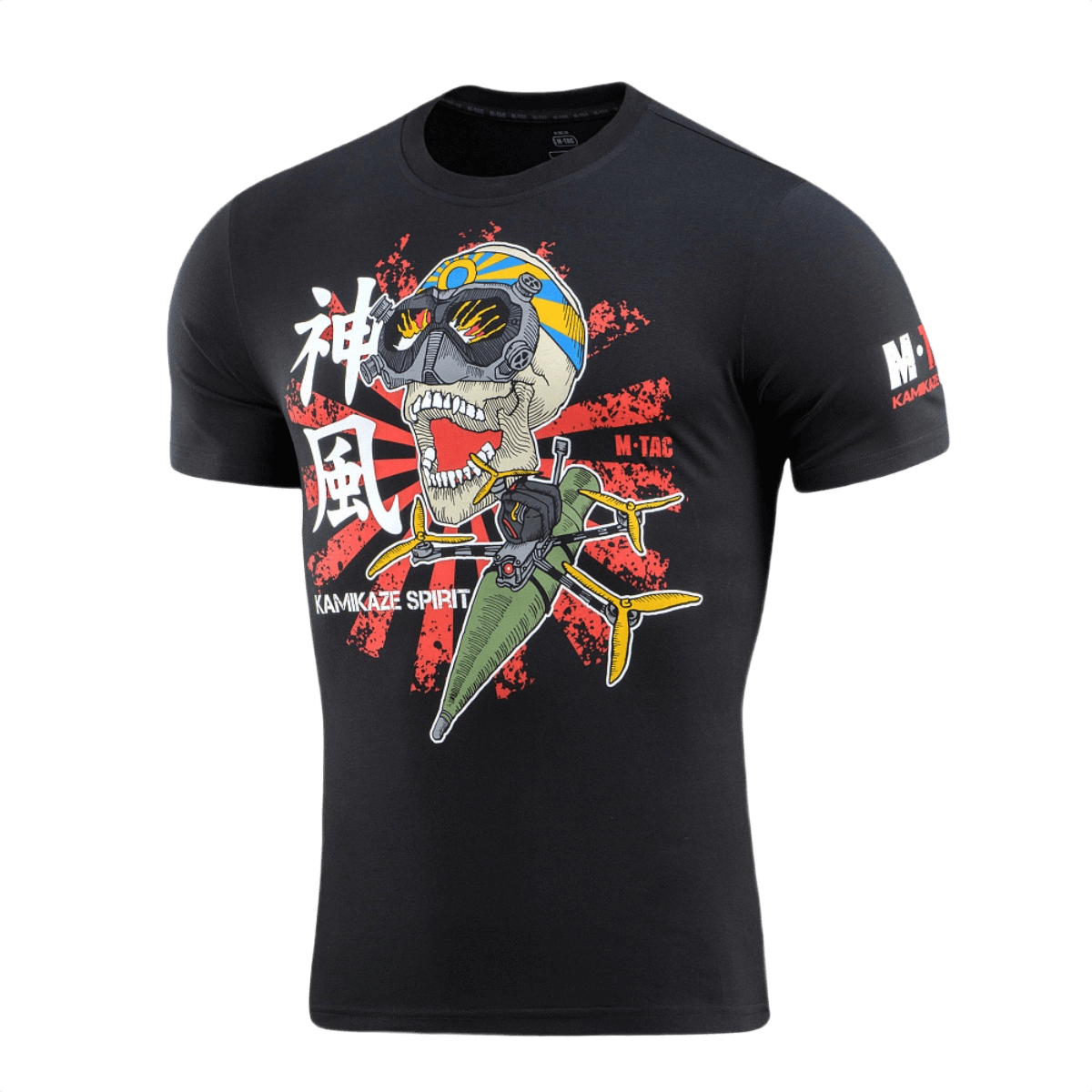 M-Tac T-Shirt Kamikaze Spirit med FPV-tema og stiliseret kranieprint, optimal komfort og holdbarhed. Sort T-shirt med japansk solflag design.