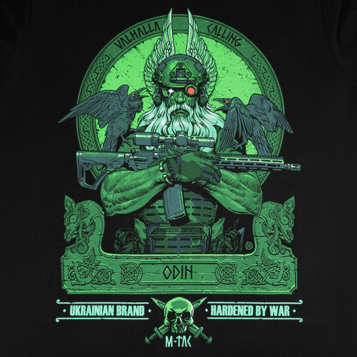 M-Tac T-Shirt Night Vision med Odin i moderne kampudstyr med ravne Hugin og Munin og teksten 'Valhalla Calling'.