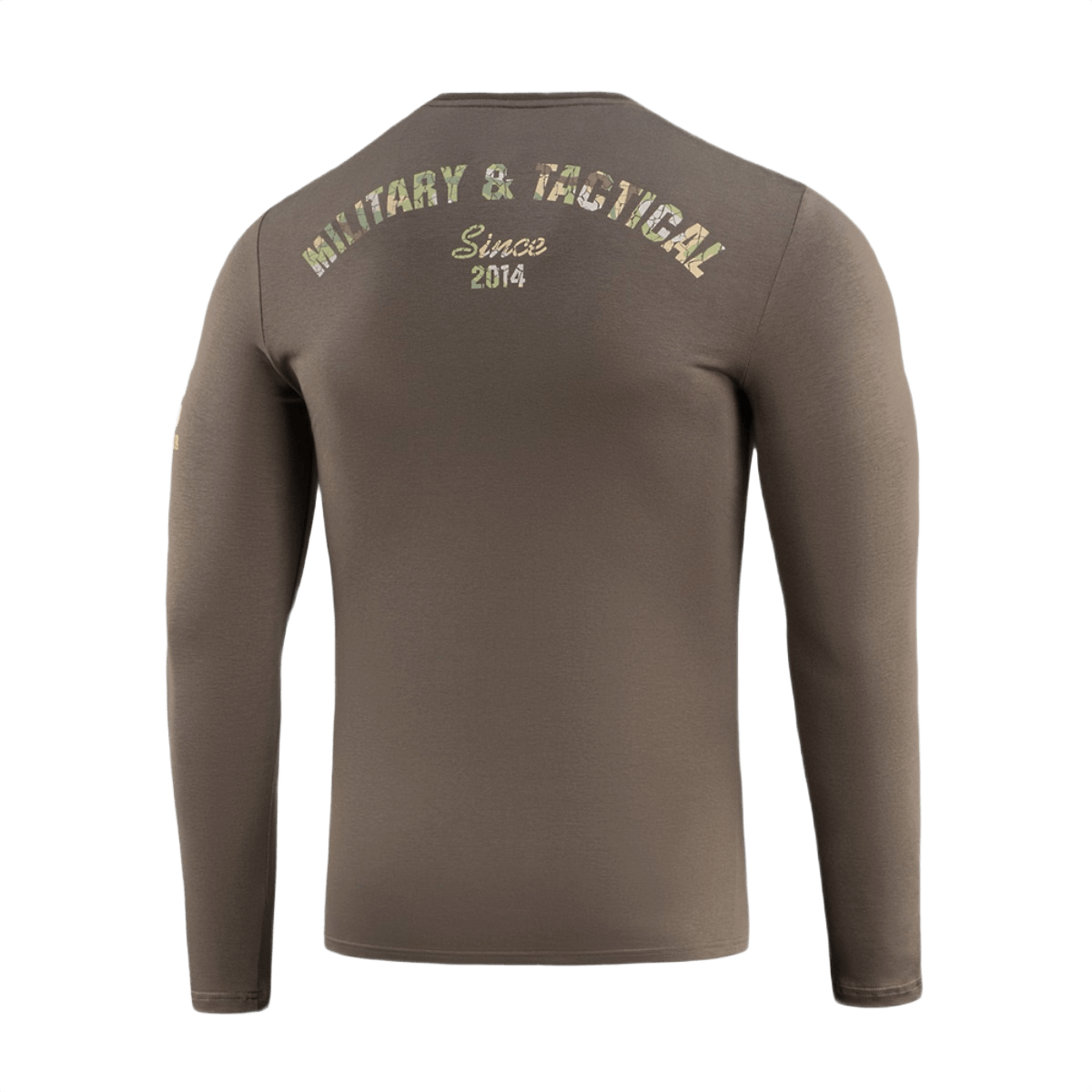 M-Tac T-Shirt Logo Long Sleeve med camouflagemønster og slogan "Military & Tactical Since 2014" på ryggen.