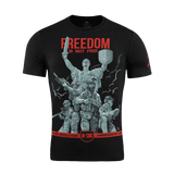 M-Tac T-Shirt Freedom med militærpersonel, modstandssymboler, skjold og sværd, fremhæver beslutsomhed og frihed i blød bomuldsblanding.