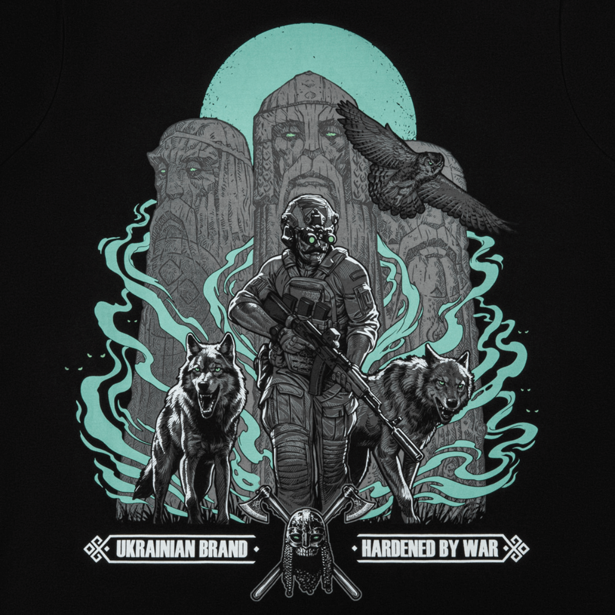 M-Tac T-Shirt Our Land featuring ukrainsk militær, ugle og ulv symboliserer visdom og loyalitet, fremhæver krigerånd, mod og styrke.