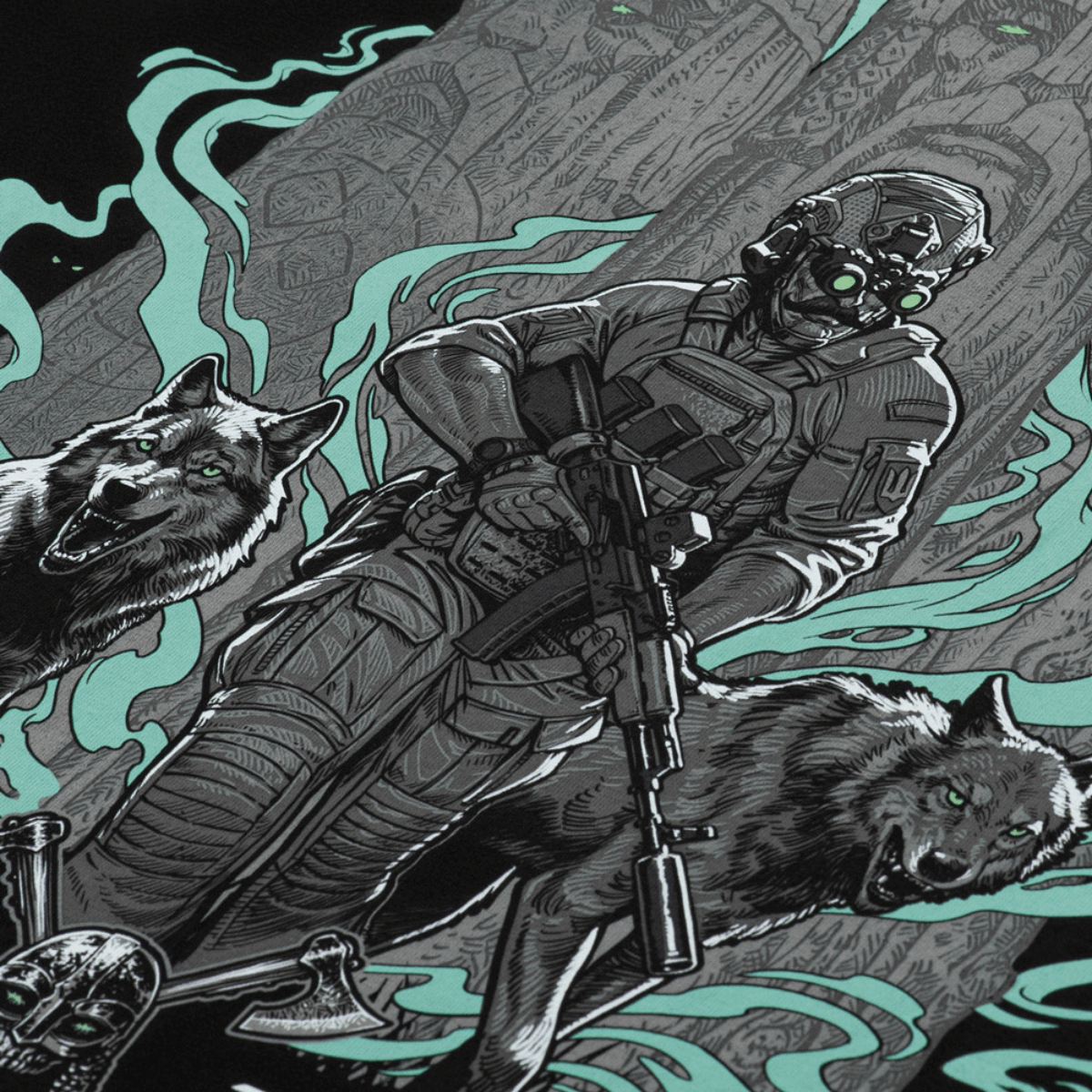 M-Tac T-Shirt Our Land med militærmand, ulv og ugle symboliserer visdom, loyalitet og styrke, inspireret af ukrainsk historie.