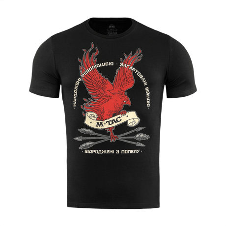 M-Tac T-Shirt Phoenix med Fugl Føniks og slogan "Born by the Revolution – Hardened by War", symboliserende styrke og genopstandelse.
