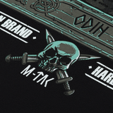 Design af M-Tac T-Shirt Odin Mystery Long Sleeve med kranie, sværd og brand logo i skandinavisk stil.