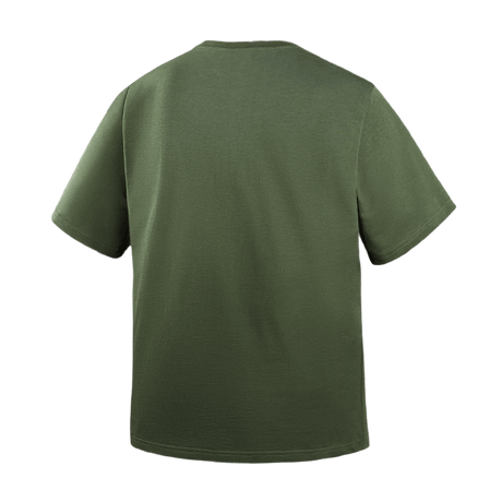 Olivenfarvet M-Tac Cotton HARD T-shirt set bagfra, oversize design for komfort og fri bevægelse, lavet af 100% bomuld.
