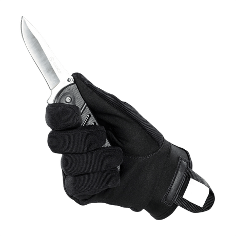 M-Tac Handsker Assault Tactical Mk.3 med forstærket greb og kno dækning, holder en kniv for maksimal kontrol og sikkerhed.