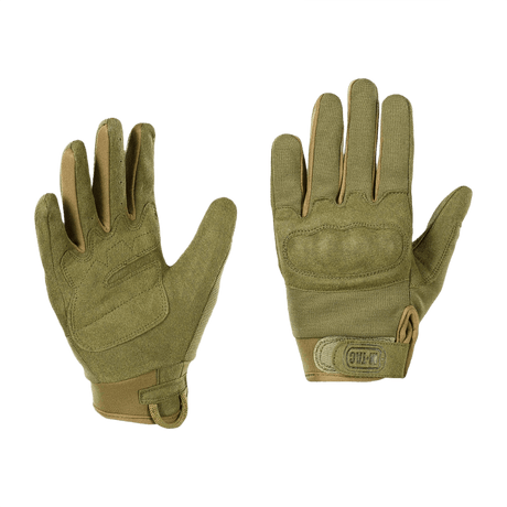 M-Tac Handsker Assault Tactical Mk.5 med integreret knogebeskyttelse og syntetisk læder, velegnet til skydning og taktisk brug.