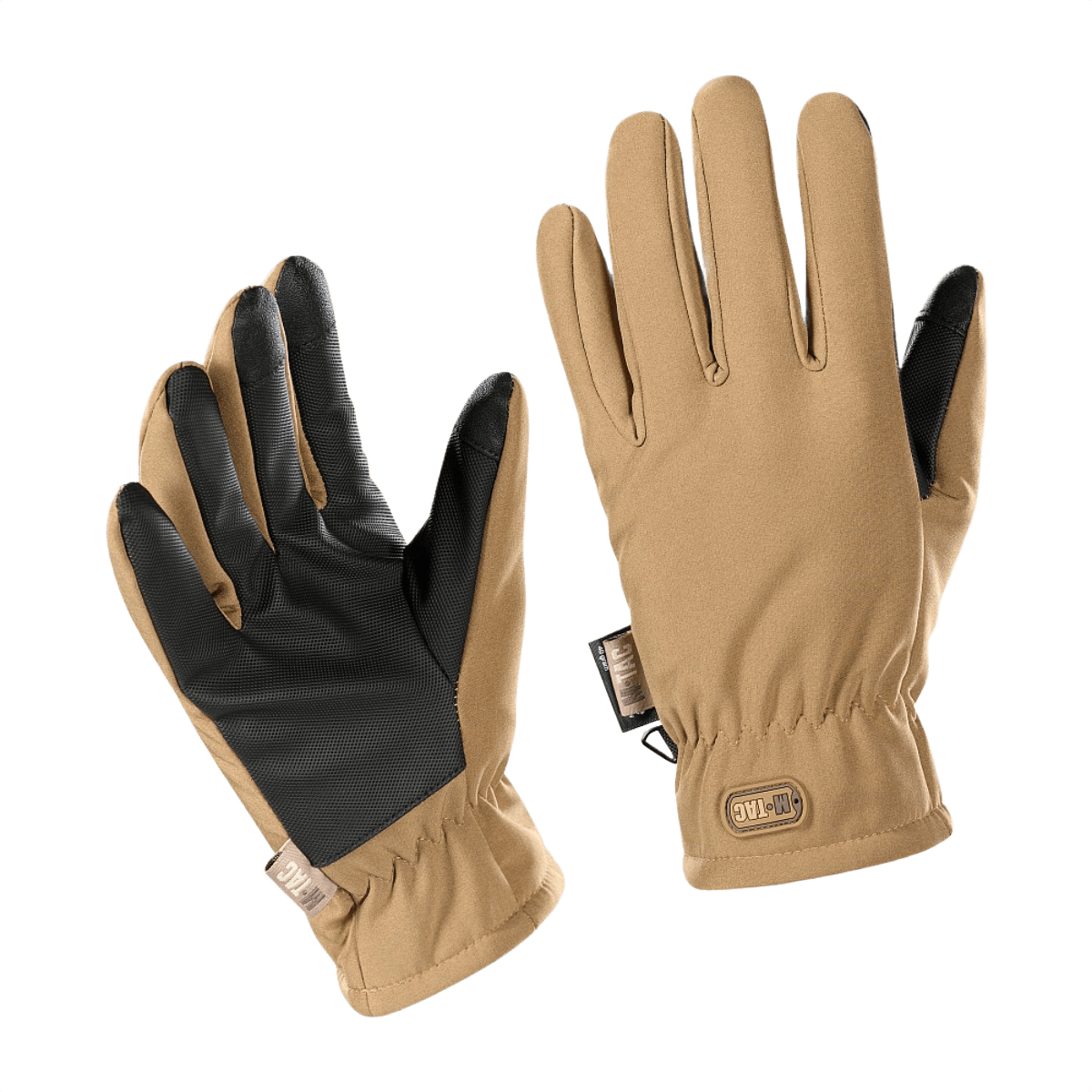 M-Tac Handsker Soft Shell Thinsulate til udendørs aktiviteter med forstærket læderhåndflade og touchscreen-funktion i brun farve.