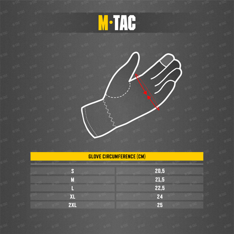 Diagram over størrelser for M-Tac Handsker Scout Tactical Mk.2 med håndomkreds i centimeter.