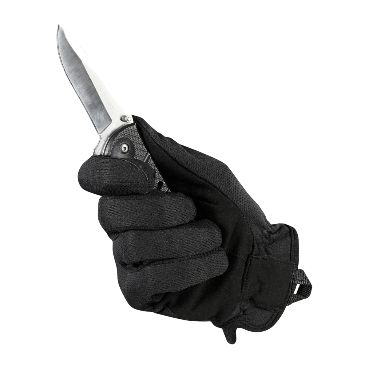 M-Tac Handsker Scout Tactical Mk.2 i brug med kniv, viser syntetisk læder for beskyttelse og holdbarhed, optimal for værktøjsarbejde.