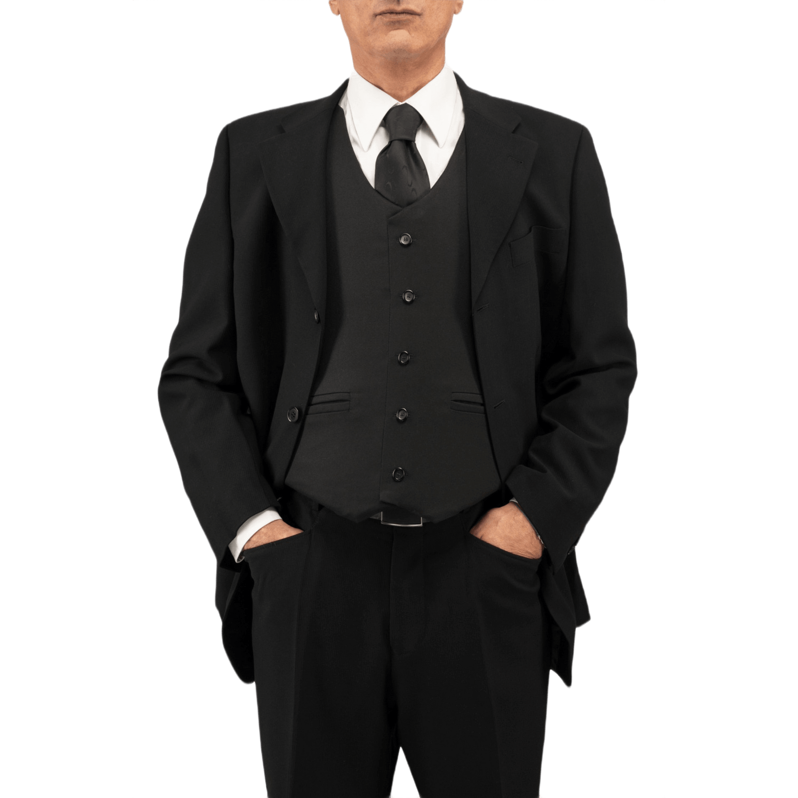 Mand iført Anorak Rhodium® VIP I Stik & Skudsikker Vest over skjorte og slips, ser ud som en klassisk jakkesætstil for diskret beskyttelse.