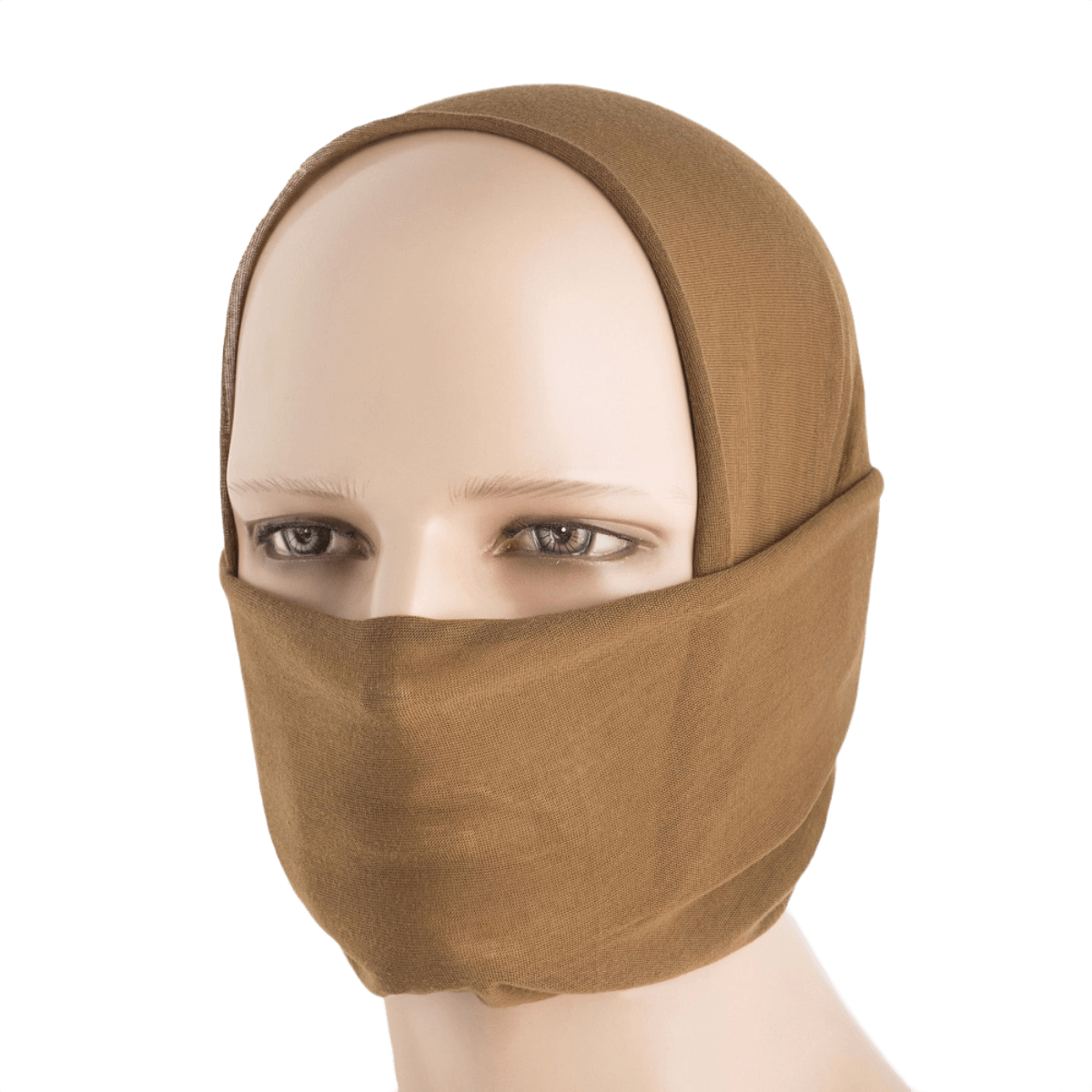 M-Tac Let Tubehalstørklæde båret som balaklava i sandfarve, alsidigt og hurtigtørrende tilbehør