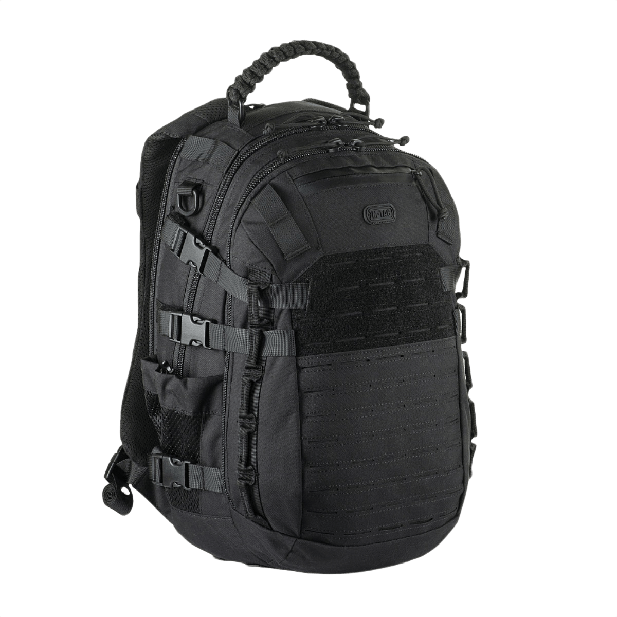 M-Tac Mission Pack Rygsæk i slidstærkt sort nylon med MOLLE laser cut system, designet til taktisk brug og outdoor-aktiviteter.