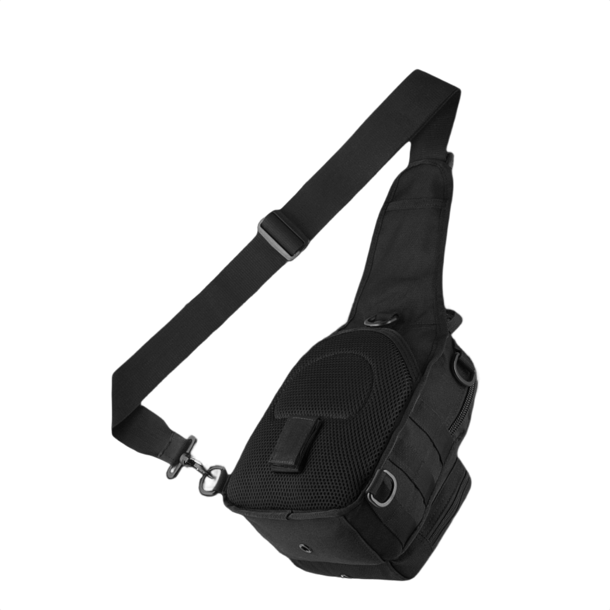 M-Tac Urban Line City Patrol Fastex Taske i sort med ét skulderbånd, lavet af slidstærkt, vandafvisende 600D polyester.