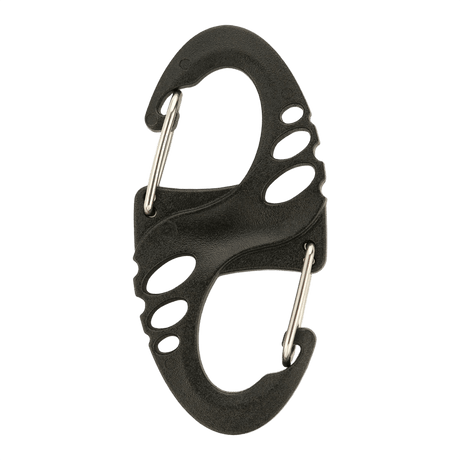 M-Tac Plast S-Krog Karabinhage, sort plast dobbeltsidet karabinhage til nøgler og let udstyr, ikke til klatring. Perfekt til daglig brug, EDC-kit.
